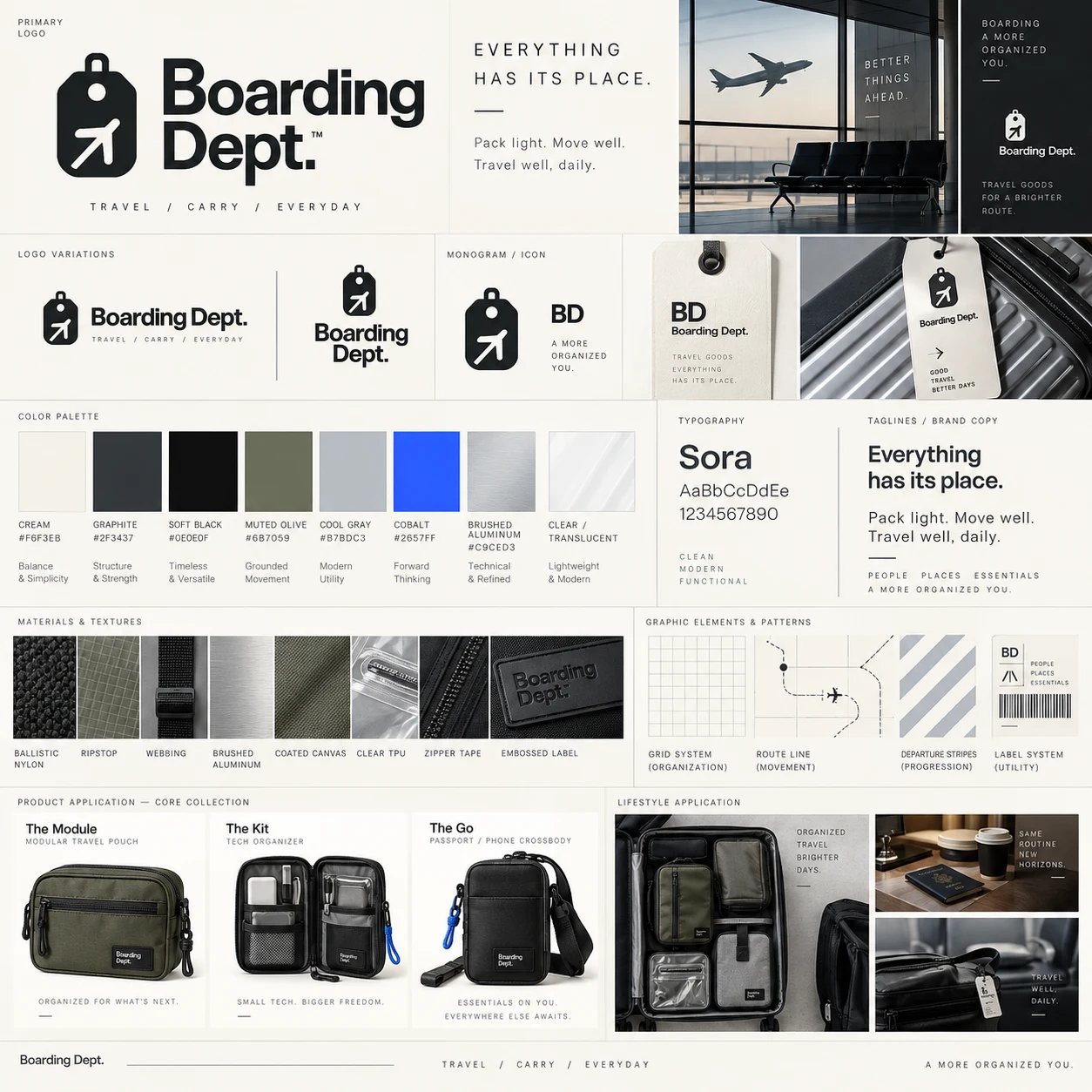 Boarding Dept. approved brand sheet including its logo, palette, typography, and visual direction