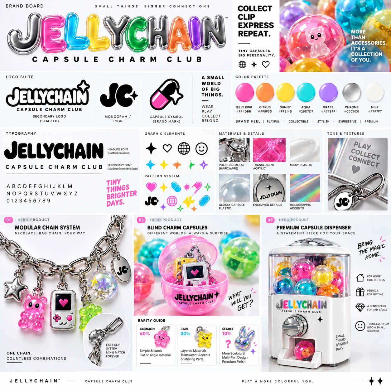 Jellychain approved brand sheet including its logo, palette, typography, and visual direction