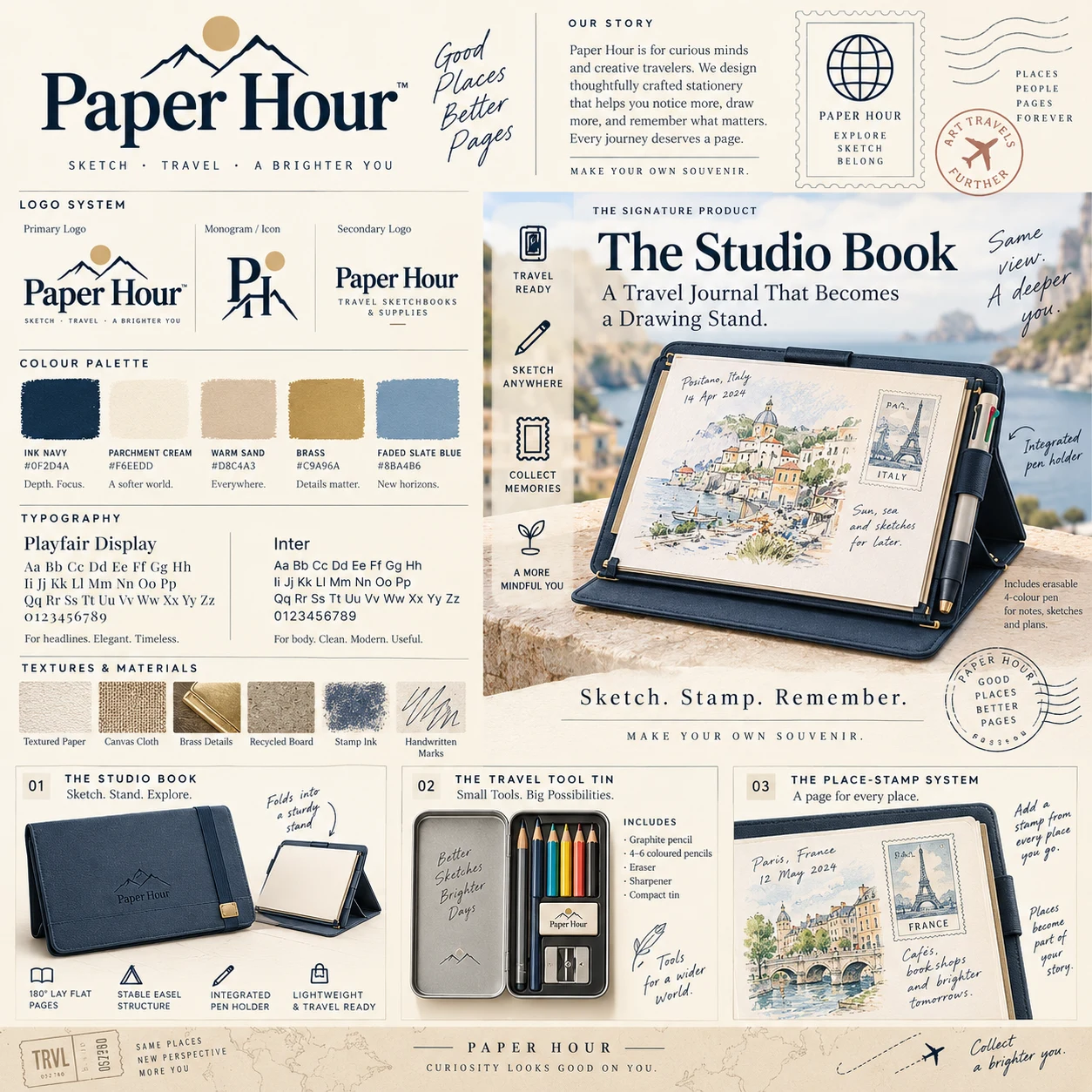 Paper Hour approved brand sheet including its logo, palette, typography, and visual direction