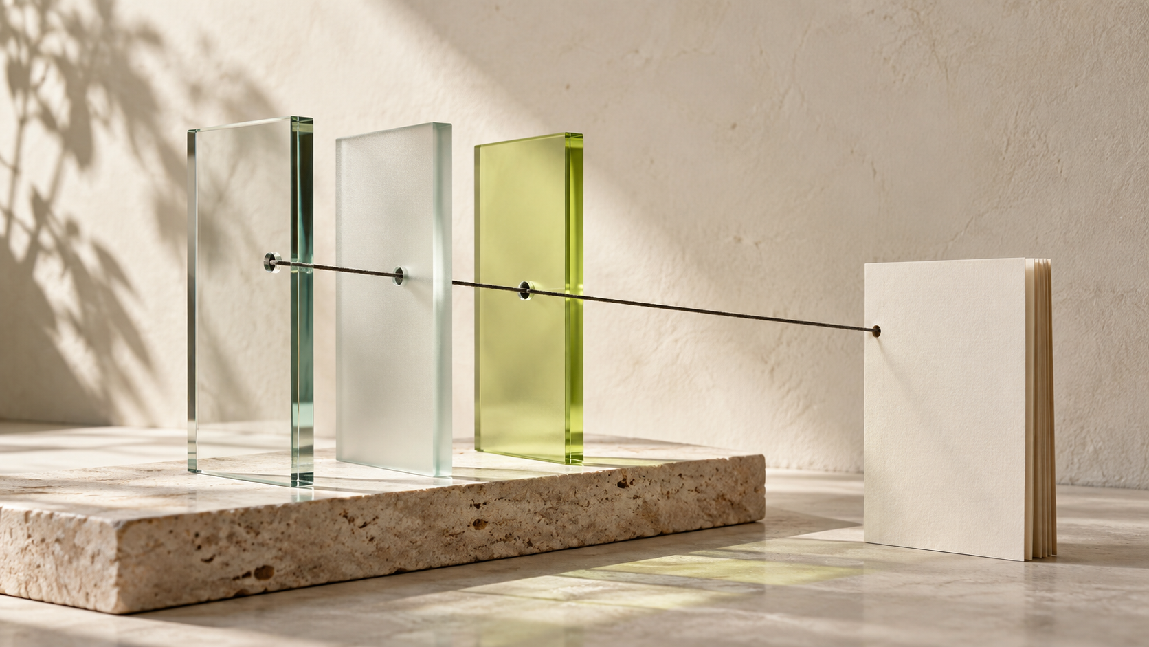 Clear and frosted glass panels connected by a charcoal thread to an ivory folio
