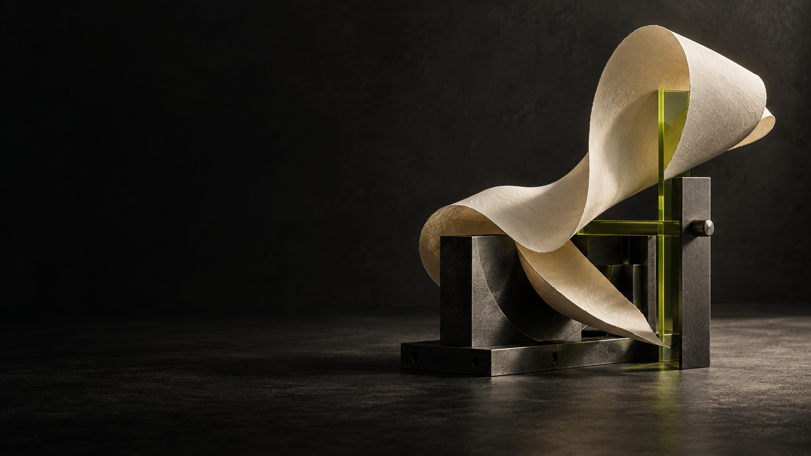 A precise charcoal structure supporting an expressive ivory paper form and a lime glass fin