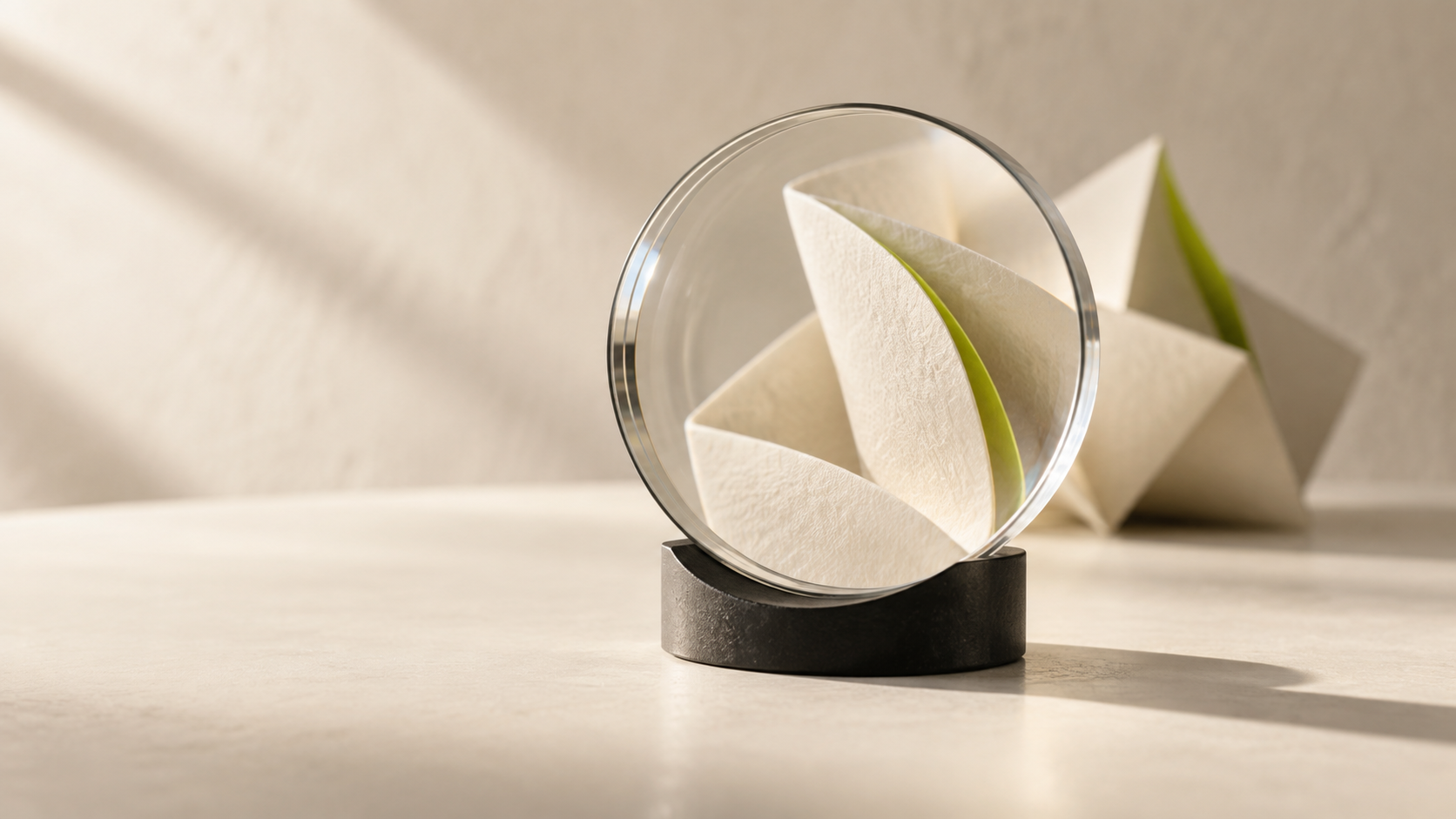 An optical lens revealing the folds of a small lime and ivory paper object