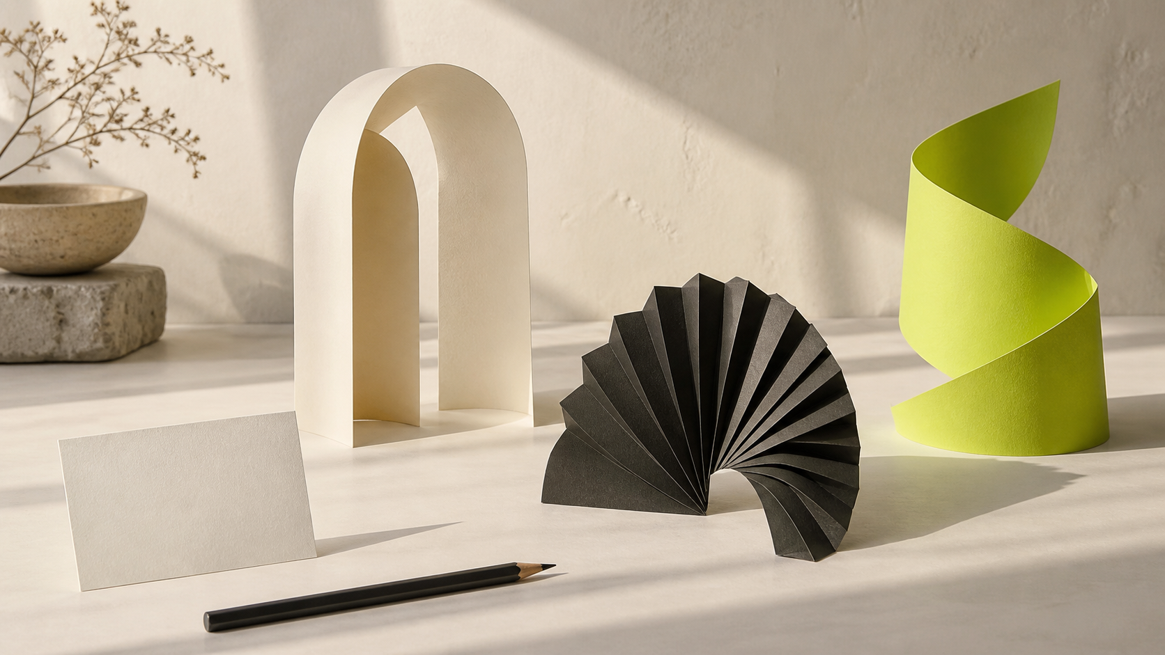Three interpretations of a paper form: an ivory arch, a charcoal fan, and a lime spiral