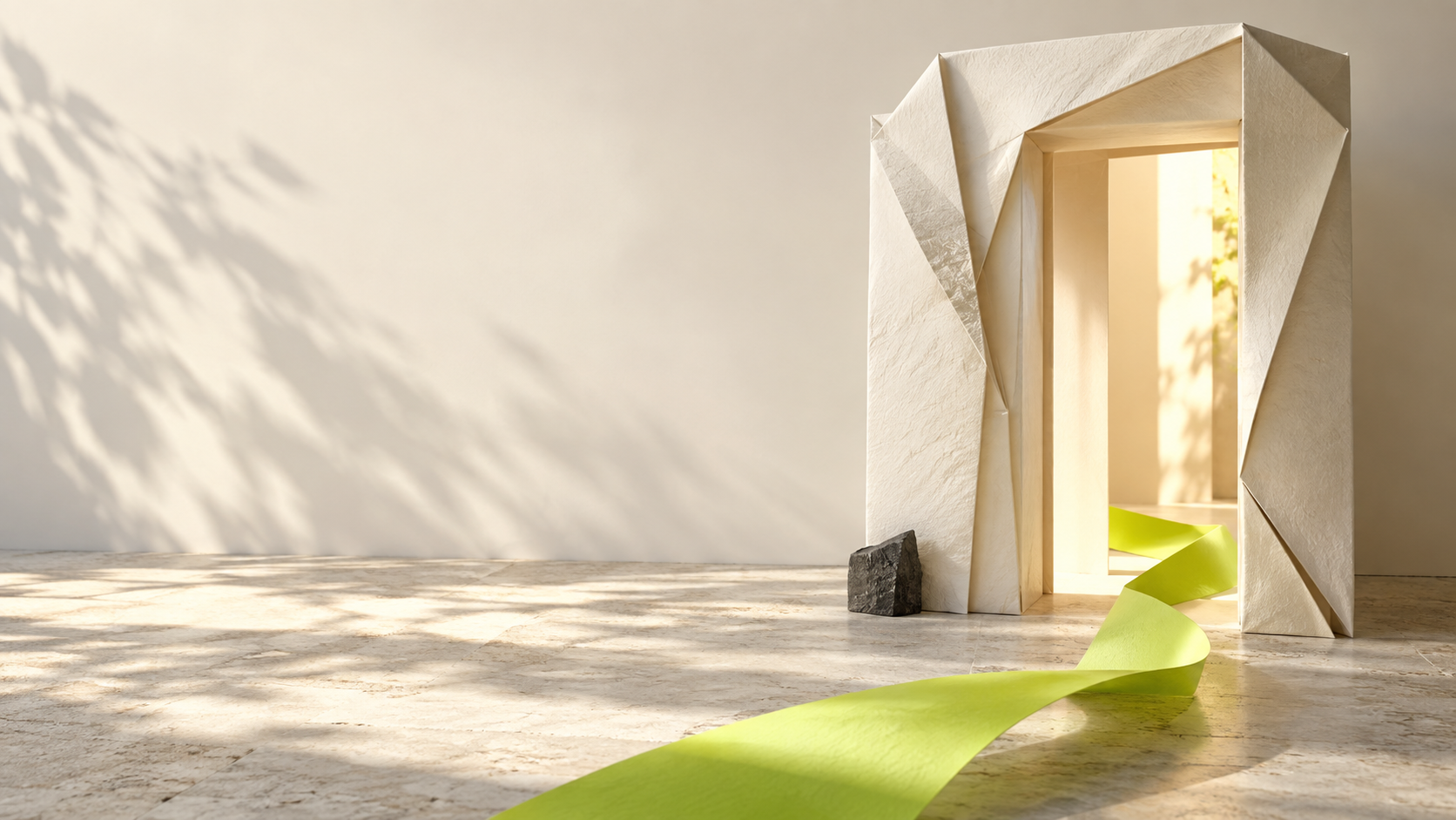 An open doorway formed from ivory paper, with a lime ribbon leading into the light
