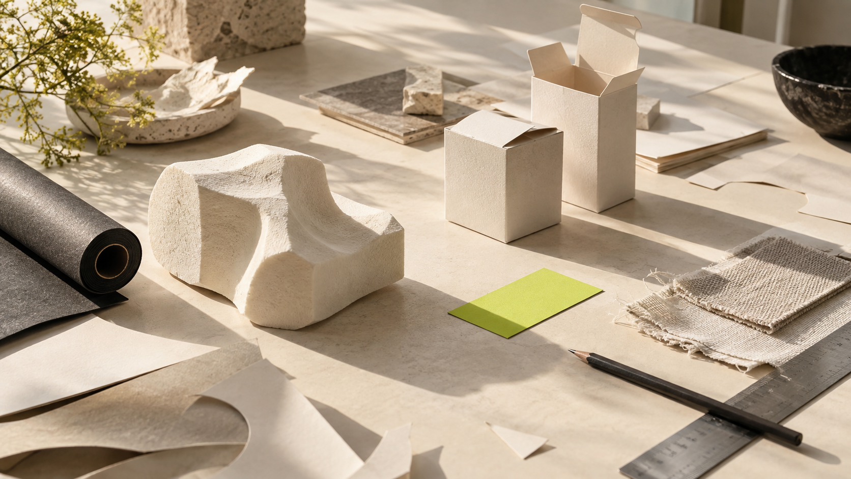 A sunlit maker's table with material studies, sculpted objects, packaging models, and a lime notebook